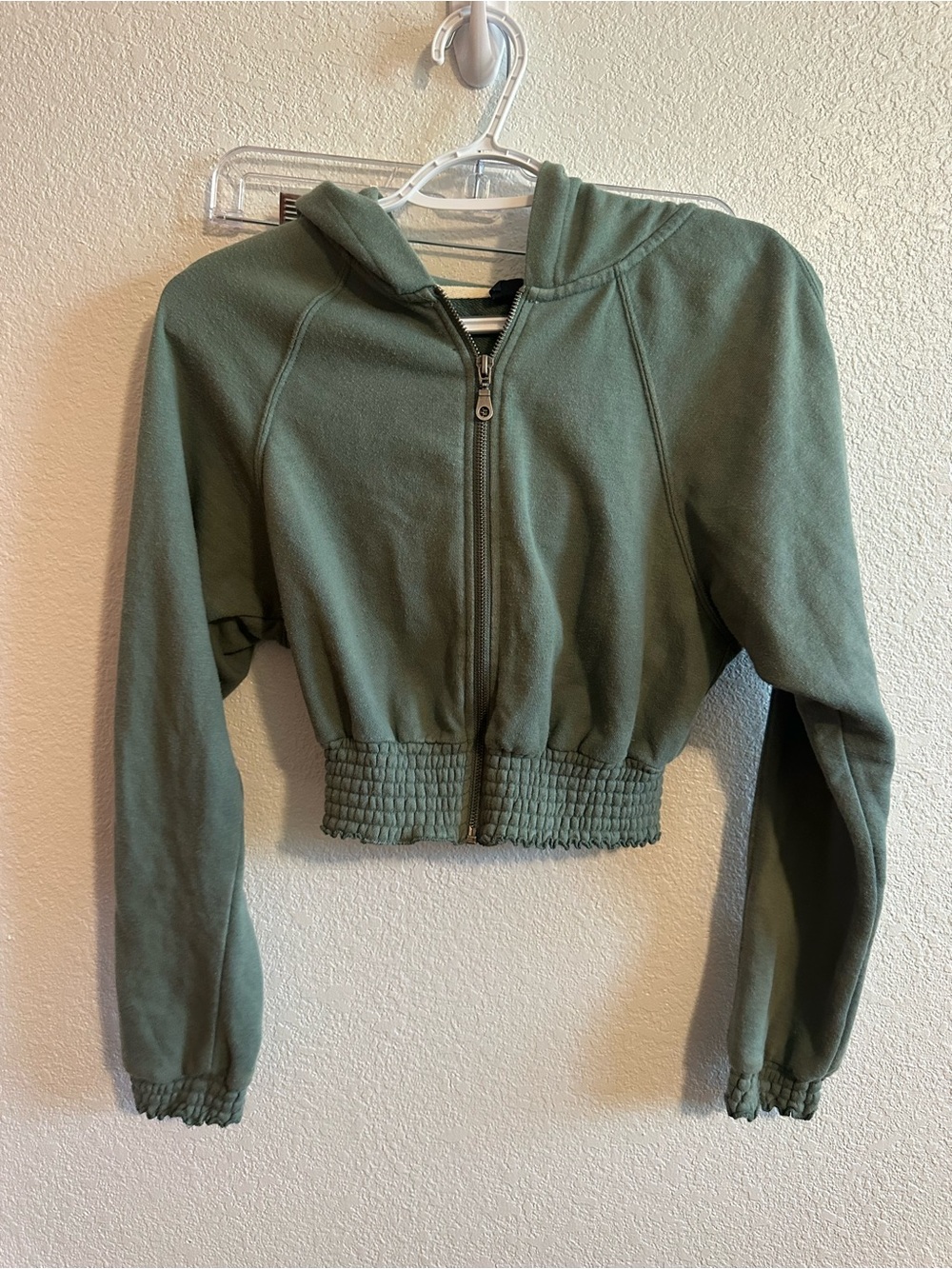 Urban Outfitters Olive Cropped Hooded Zip Bomber Jacket